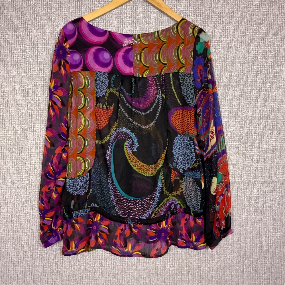 Desigual Sz M Floral Print Blouse Button Down LS Multicolor Sheer Statement - Picture 3 of 16